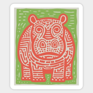 Red and Green Hippo Linocut Art - Playful Nursery Decor Sticker